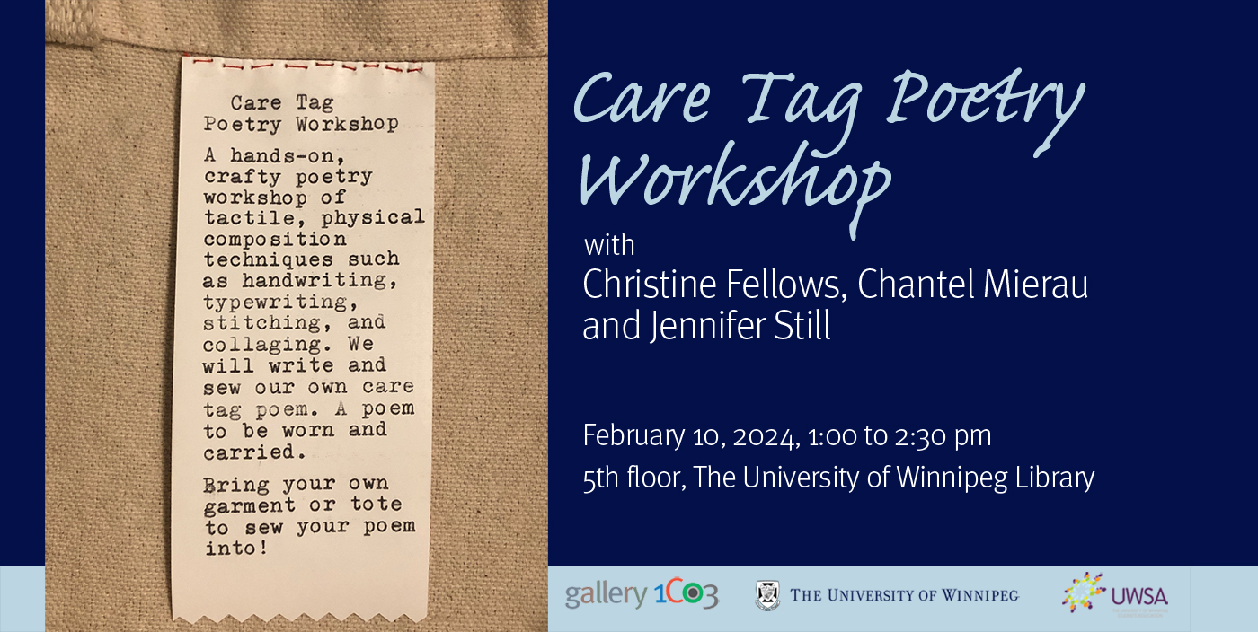 Graphic with event title, date and time at right and typed text on a care tag describing the workshop at left.