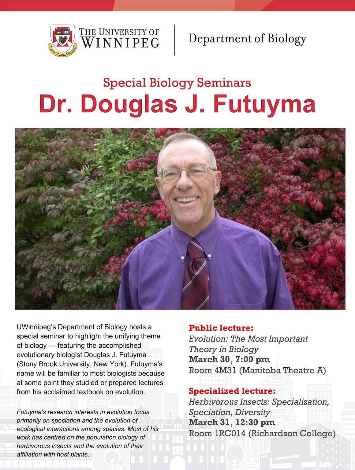 The Department of Biology hosts a special seminar to highlight the unifying theme of biology by inviting an accomplished evolutionary biologist. This year, the eminent evolutionary biologist, Douglas J. Futuyma (Stony Brook University, New York) kindly accepted our invitation. Futuyma's name should be familiar to most biologists because at some point they studied or prepared lectures from his acclaimed textbook on evolution. 