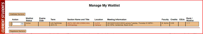 Screen shot showing Manage My Waitlist screen