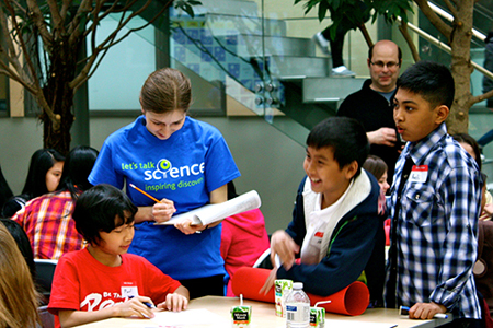 Students in the Science building atrium