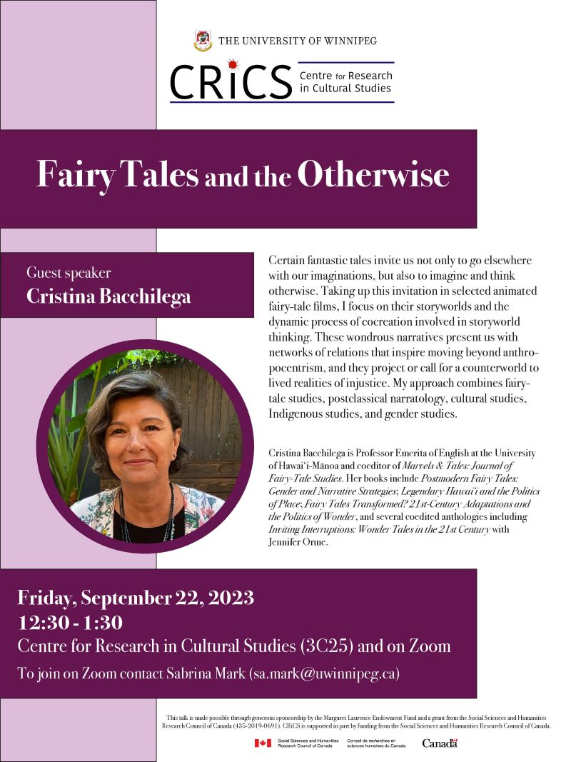 Event poster for "Fairy Tales and the Otherwise" - photo of Cristina Bacchilega and text (details of the event, all on webpage)