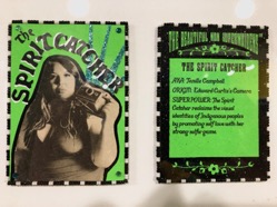 2 sides of a trading card, one side with a woman holding a camera, the other side with text