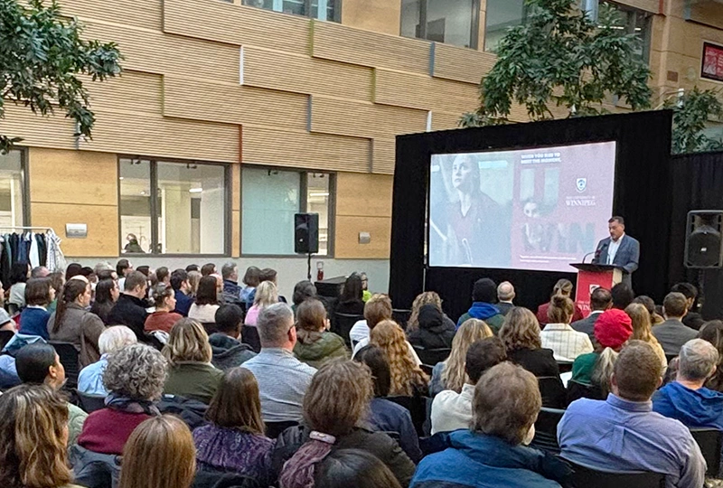 UWinnipeg President Todd Mondor speaks to an audience at the Strategic Plan launch event