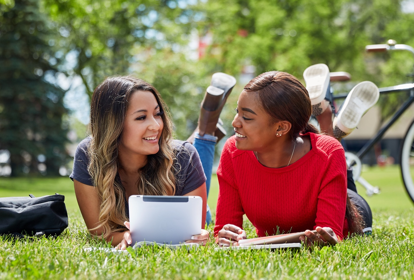 Two students talking on front lawn