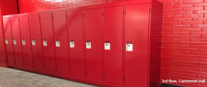 Row of lockers on the third floor of Centennial Hall.