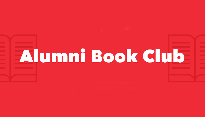 Red graphic showing open book in the background, in the foreground are the words "Alumni Book Club"