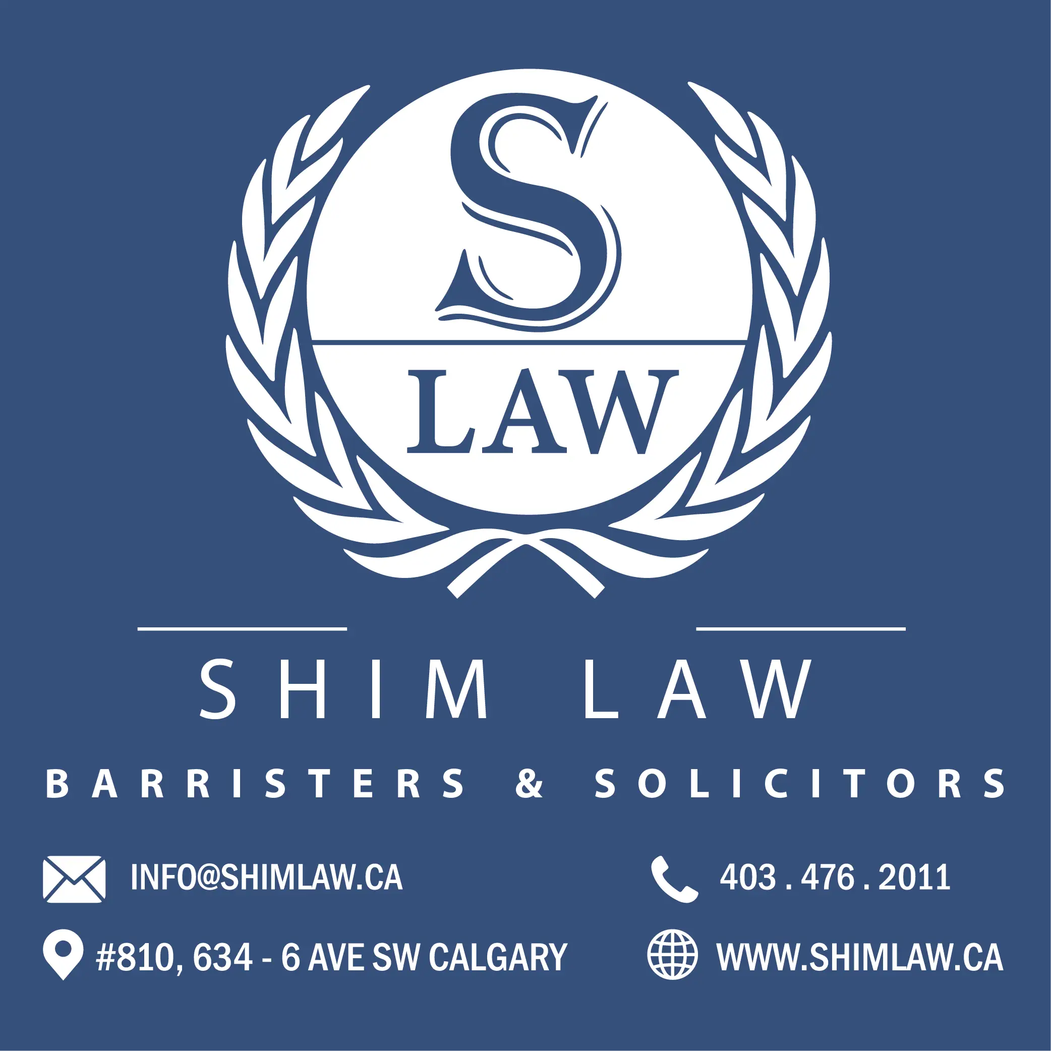 ShimLaw logo white text on blue background