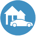 Blue round icon of a house with a car in front