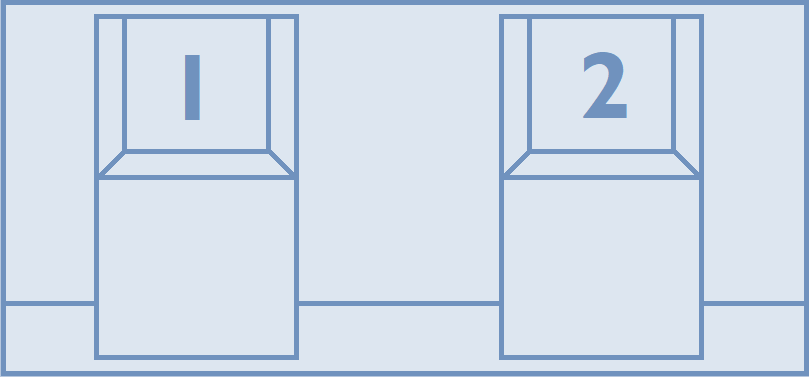 drawing of exhibit cases showing case 1 on the left and case 2 on the right