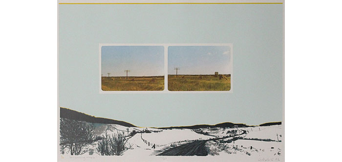 rural prairie landscape in winter and summer, showing telephone poles and fencing.