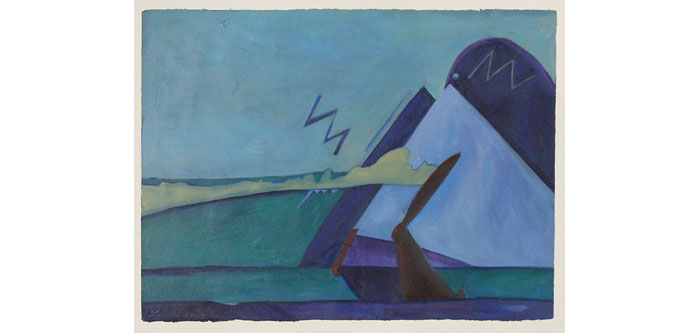 semi-abstract landscape in blues and greens with red rabbit in foreground and triangular shapes behind it