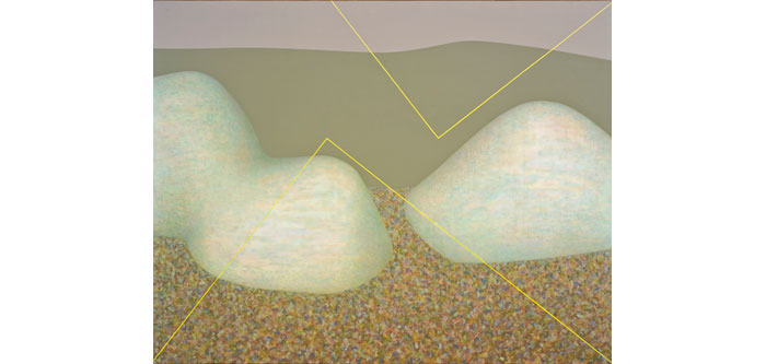 landscape of three white mounded forms in front of a background that is lavender across the top, grey across the middle and patterned across the bottom. 