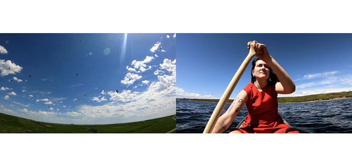 Photo at left: birds fly in a cloud-flecked blue prairie sky with grass below. Photo at right: a woman in a red dress paddles a canoe. 