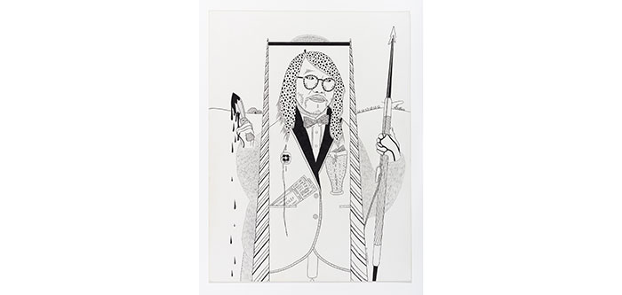 Description: Black ink drawing of a man with long hair and glasses (Alootook Ipellie), stands facing the viewer. Framed by two vertical narwhal tusks, he is wearing a western style suit inside the frame. There are tickets to an Elvis Presley concert in one pocket, a pin beside his left lapel shows 4 figures wearing Inuit parkas, and an image beside his right lapel looks like a beer glass that is overflowing. On each side of the frame the man is wearing traditional Inuit parka. He holds a knife dripping with black liquid in his right hand and a harpoon in his left hand. In the background is a curving horizon line with an igloo in the upper left and a person travelling by dog sled team at upper right.