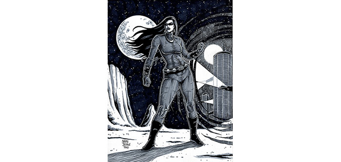 black & white drawing of masked woman with clenched fist standing in landscape with full moon behind her.