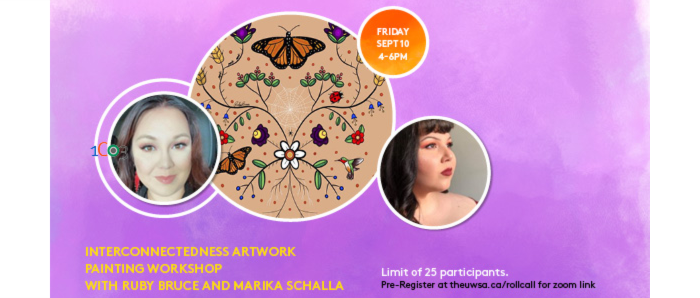 Graphic with purple background includes text with event title & details. Graphic is overlaid with several circles: one shows detail of a painting of roots connecting plants, birds and butterflies, the others are headshots of event presenters and a third is text with event date and time.