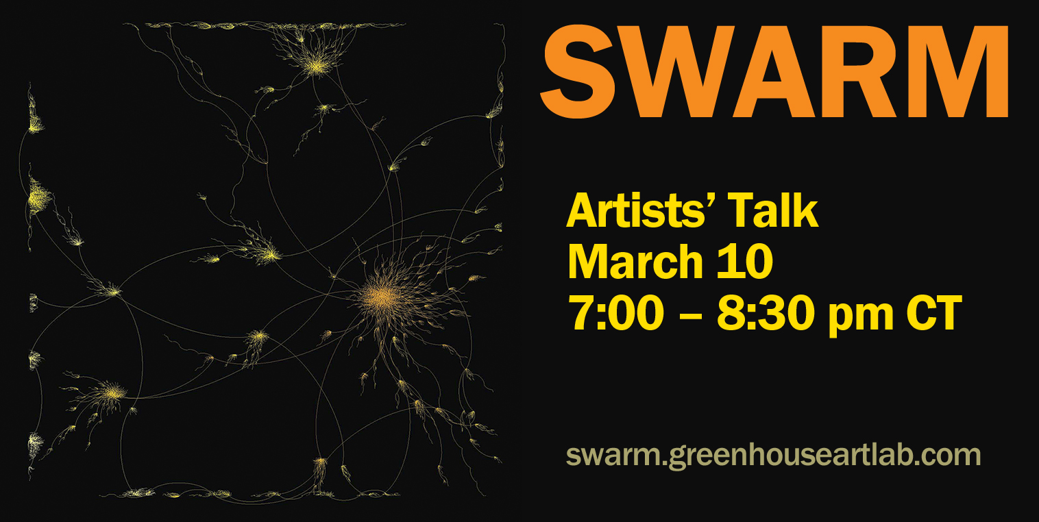 A graphic word network with yellow bee swarm- or constellation-like formations appear in varying sizes on a black background at the left. The words are too small to decipher. Words SWARM at top right in orange lettering. Artists' talk, date, time of event and SWARM URL in yellow below.