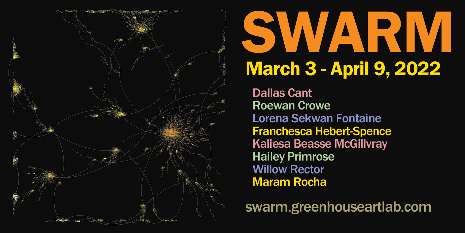 A graphic word network with yellow bee swarm- or constellation-like formations appear in varying sizes on a black background at the left. The words are too small to decipher. Exhibition title, dates, artist names and exhibit URL are written top to bottom on the right in alternating lines of orange, yellow, pink, green and blue.