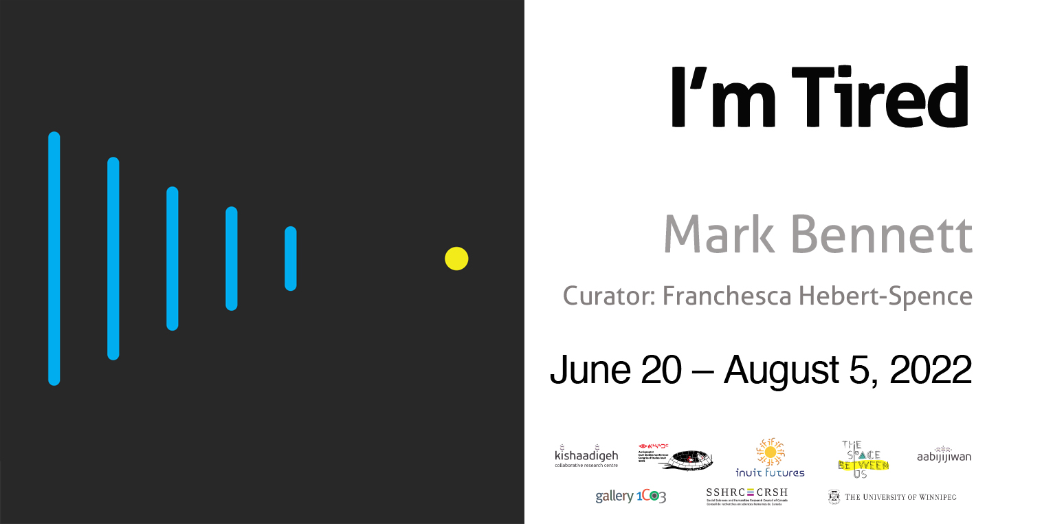 Graphic advertising exhibition with exhibit title, dates, artist name and sponsor logos at right and image with four vertical blue lines and yellow dot on black background at left.