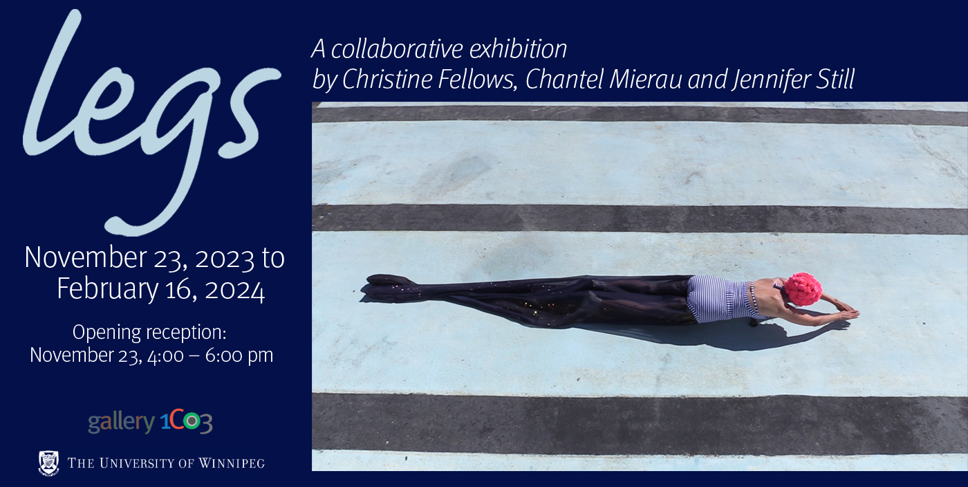 graphic with exhibit title, dates, location, sponsor logos. Image at centre shows a woman gliding on an empty pool bottom wearing long and glittery navy stockings.