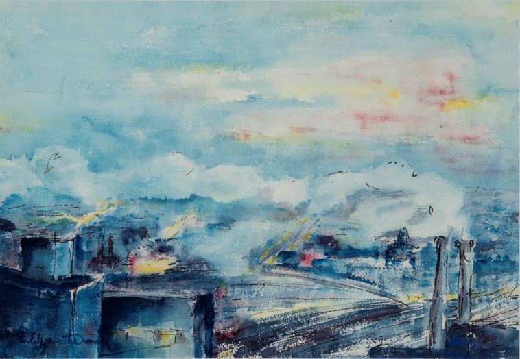 A cool blue sky is broken by small patches of yellow and red. Two smokestacks emit a stream of smoke over a skyline of inky blue buildings meeting fields and sky in the distance.