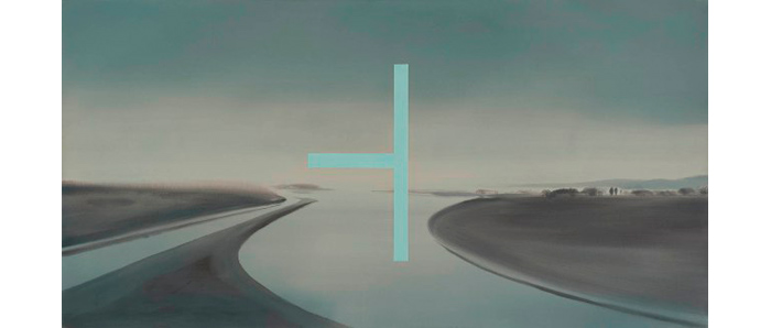 landscape painting in blue and grey tones with a blue crosshair painted over the scene