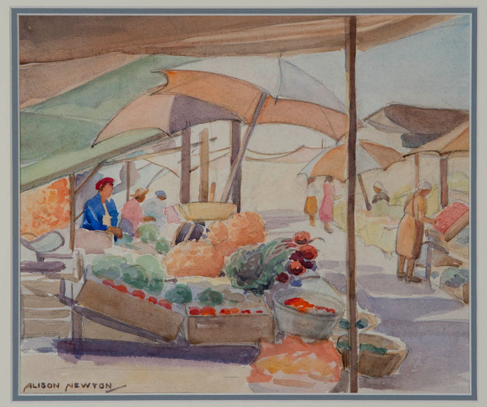 watercolour painting of figures selling vegetables at outdoor market with umbrellas