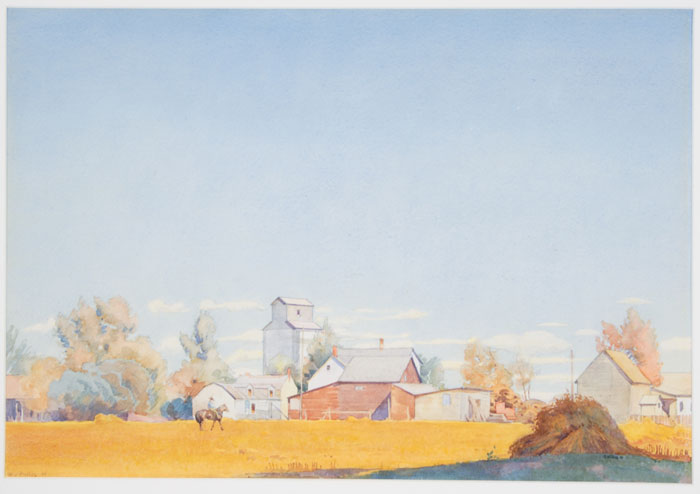 prairie landscape painting with expansive blue sky that shows wheatfields in foreground and grain elevator and other town buildings in background.