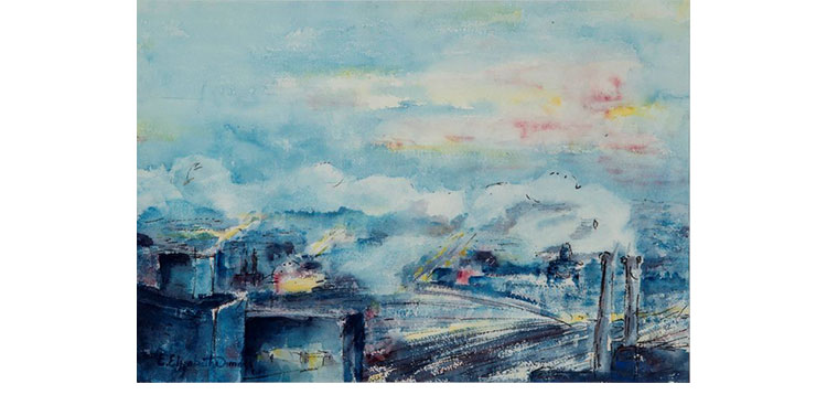 Elizabeth ‘Betty’ Dimock – Sunrise Over St. Boniface, watercolour on paper, 50 x 34cm, 1961 Collection of The University of Winnipeg – Gift of the Artist