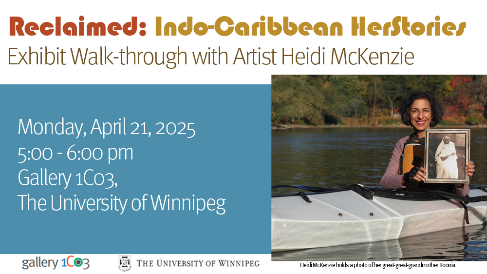 graphic with event title, date, and time at left and a photo of a Heidi McKenzie in a kayak holding a photo of her great-great-grandmother Roonia
