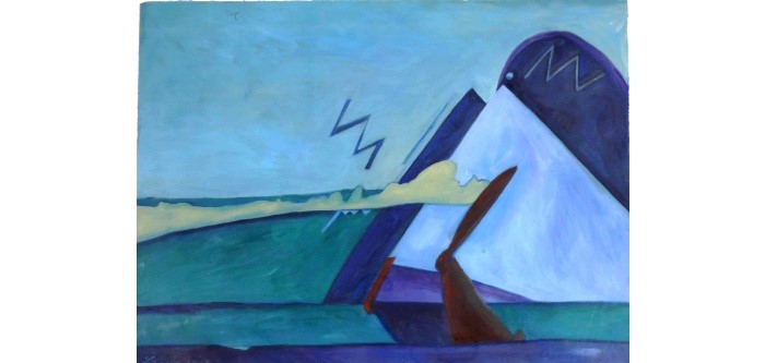a semi-abstract landscape in various shades of blue, green and purple. A red rabbit is shown in profile at the right in front of large triangular shapes and an even larger curved shape that has a circle and zig zag within it. The left side of the painting is mostly open sky and land with another zig zag shape at mid-point.