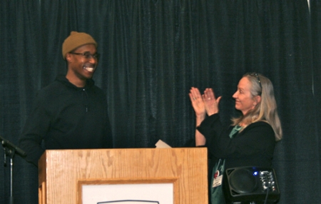 Anthony Sannie, UWinnipeg student, and Jaqueline McLeod Rogers, Associate Dean of Arts