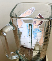 image of man standing in a food blender waving his hand