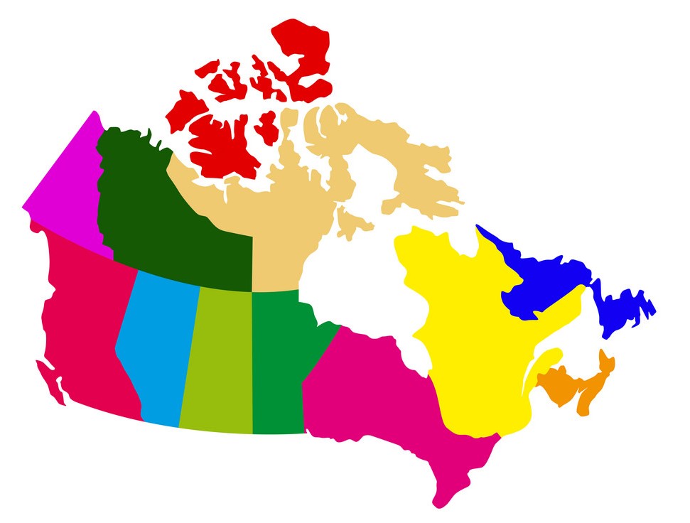 A political map of Canada showing all provinces and territories. Each are a different colour.