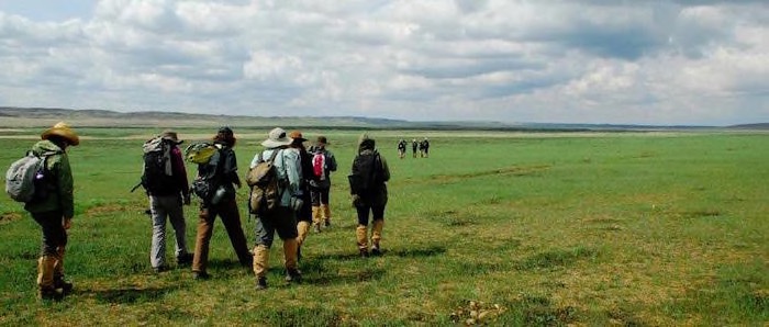 Students walking in a field