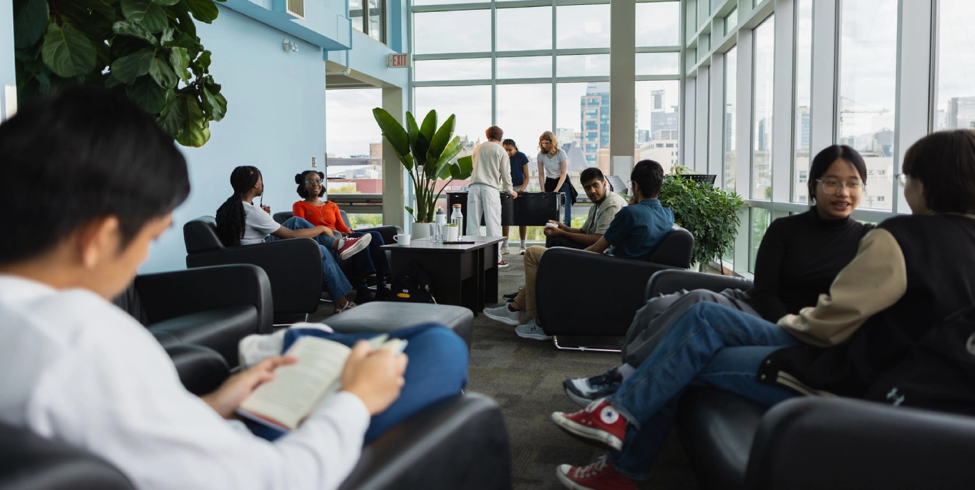 Students gather in McFeetor's Hall residence lounge