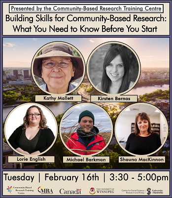 February 16th, 2021: Building Skills for Community-Based Research: What You Need to Know Before You Start. 3:30-5:00pm. Background is an ariel photo of Downtown from St. Boniface with images overlayed of the five panelists: Kathy Mallett, Kirsten Bernas, Lorie English, Michael Barkman, and Shauna MacKinnon