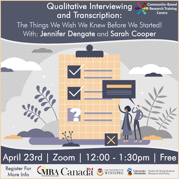 A poster for Qualitative Interviewing and Transcription: What We Wish We Knew Before We Started! With Jennifer Dengate and Sarah Cooper. April 23rd, Zoom, 12:00 - 1:30pm, free. The image is an abstract render of a clip board with two people pointing and examining it.