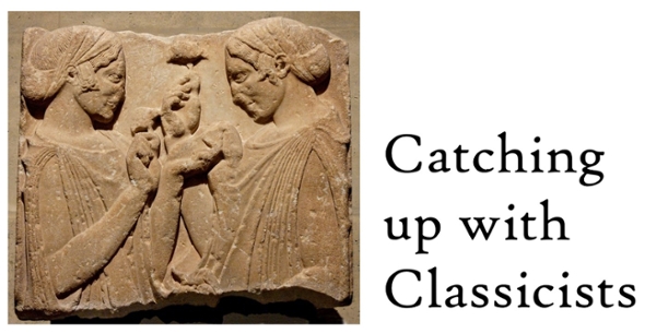 Catching up with Classicists page banner, image of ancient gravestone featuring two people talking