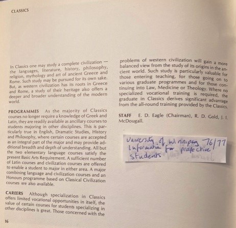 Photo of the Classics department entry in a booklet called “Information for Prospective Students ’76/’77”.  Full text typed on the web page. 