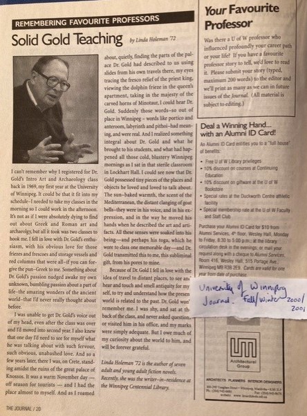 Photo of the page from UWinnipeg Journal, 2000/01 featuring Dr. Gold in "Remembering Favourite Professors" - full text typed on web page.
