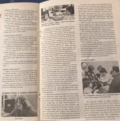 Photo of page spread in "Inside Info" vol 9, Feb 1980, featuring the Classics department's staging of a Roman wedding for Open House; full text typed on web page.