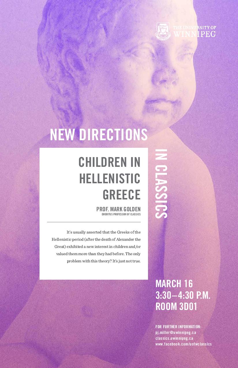 Promotional poster for Professor Mark Golden's New Directions in Classics Lecture, March 16, 2018 (text on web page)