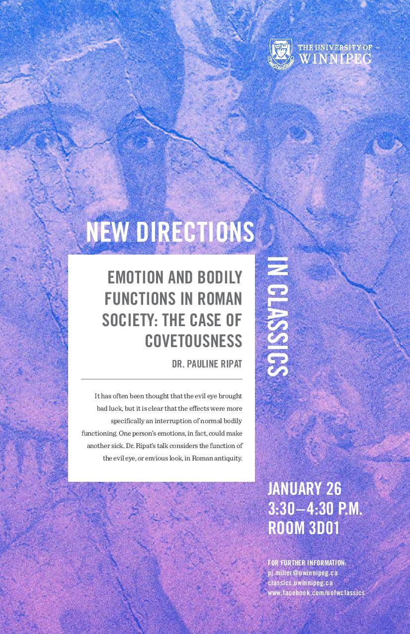 Promotional poster for Dr. Pauline Ripat's New Directions in Classics lecture, January 26, 2018 (text on web page)