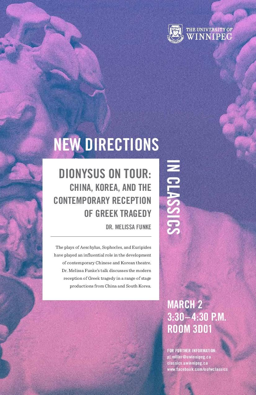 promotional poster for Dr. Melissa Funke's New Directions in Classics lecture, March 2, 2018 (text on web page)