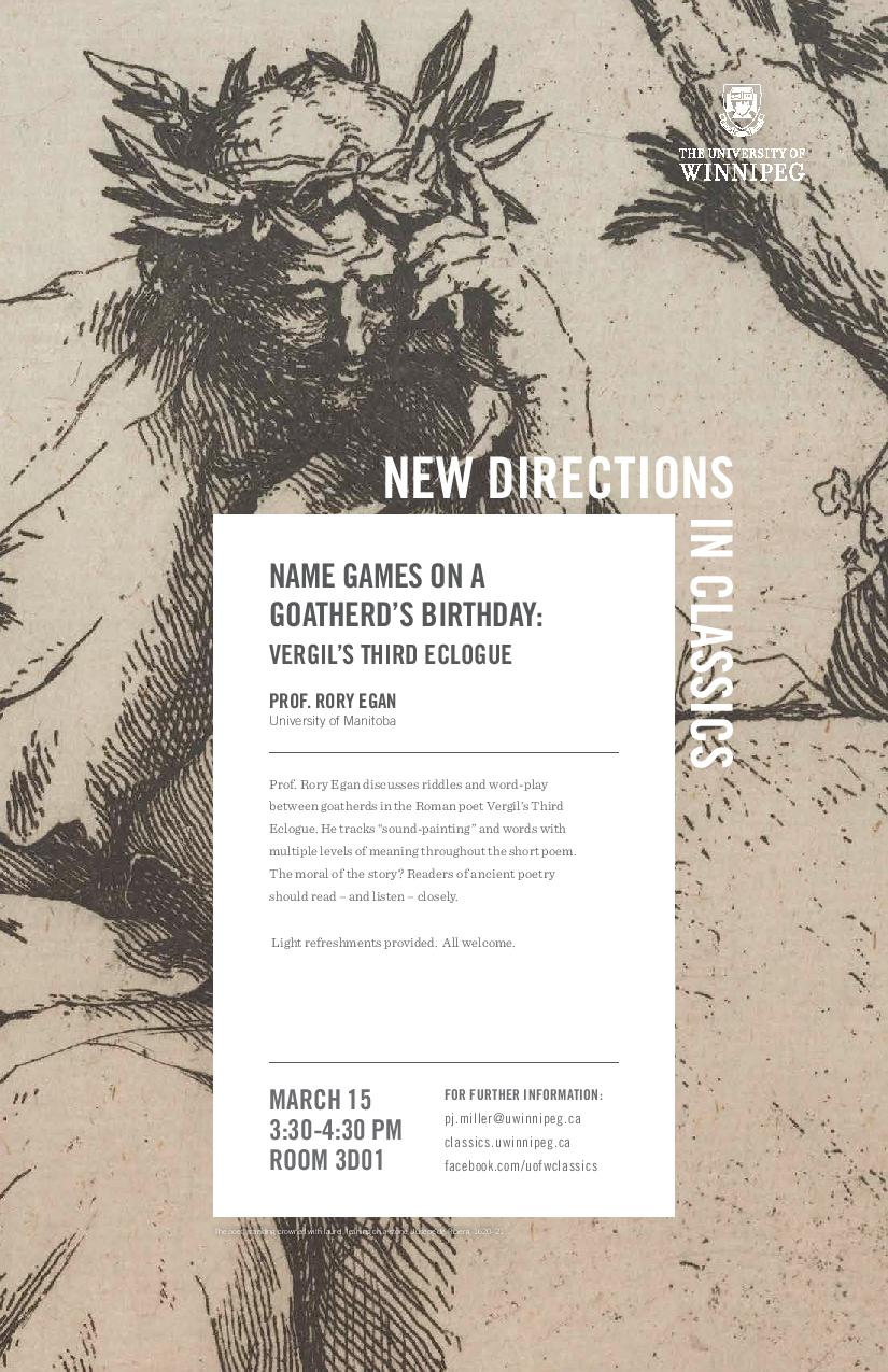 Promo poster for Prof. Rory Egan's New Directions in Classics lecture, March 15, 2019 (text on web page)