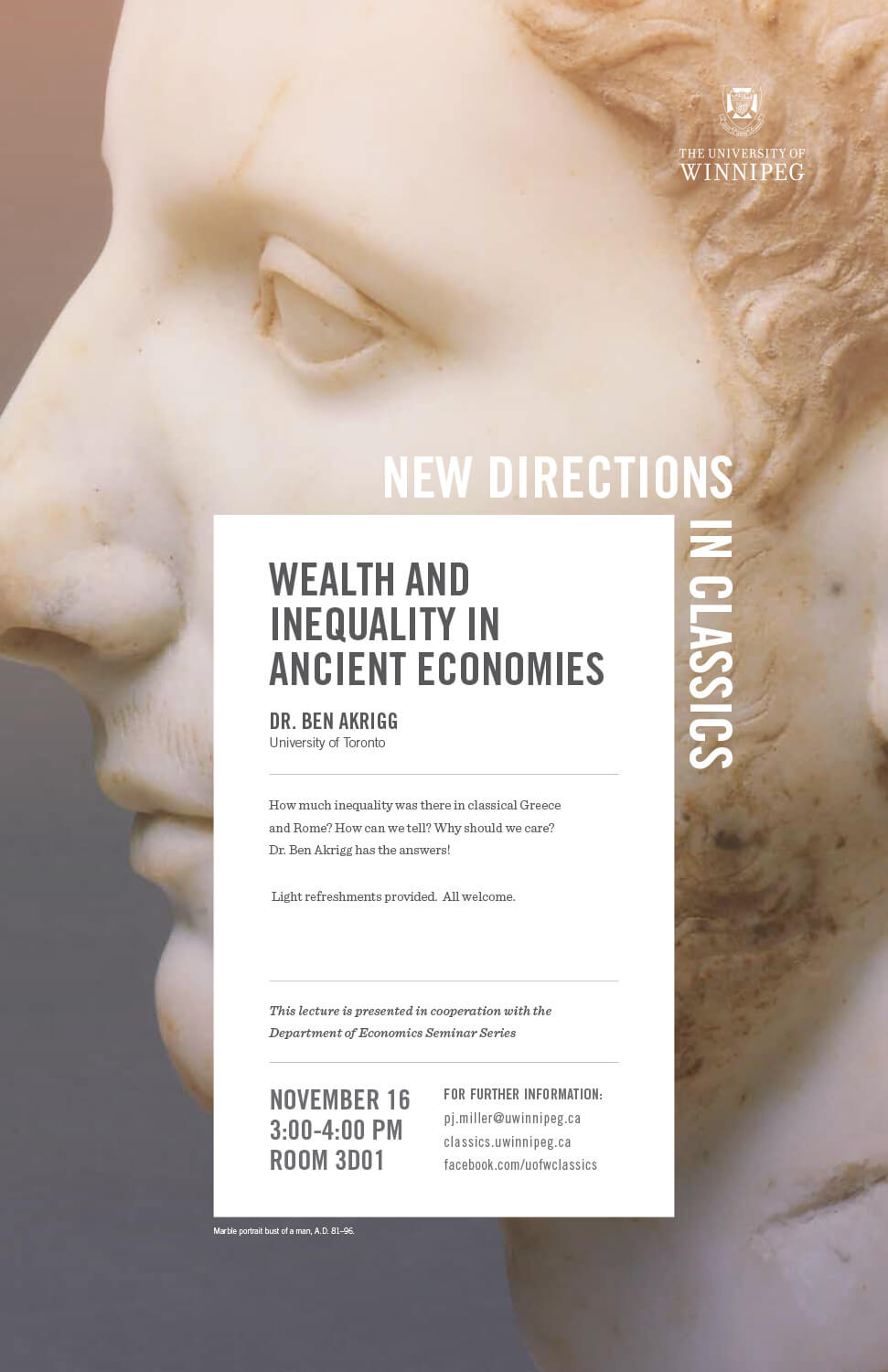 Promotional poster for Dr. Ben Akrigg's New Directions in Classics Lecture, November 26, 2018 (text on web page)
