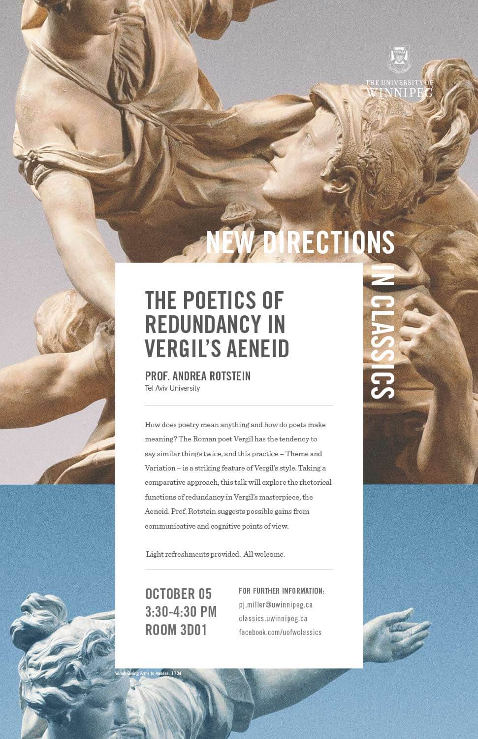 Promotional poster for Prof. Andrea Rotstein's New Directions in Classics lecture, Oct 5, 2018 (text on web page)