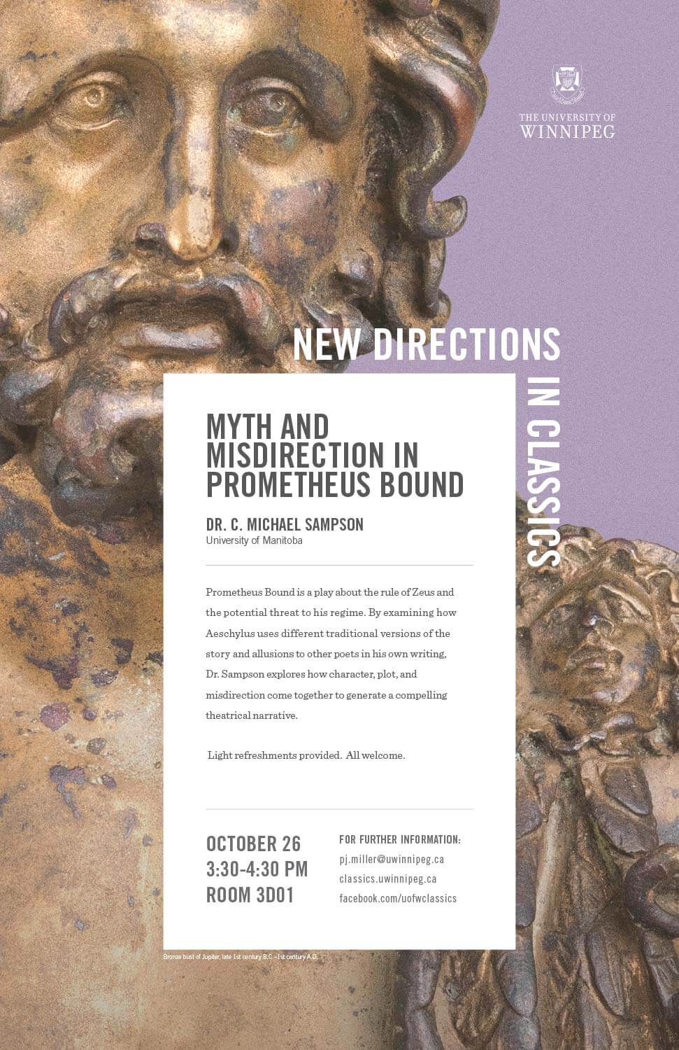 Promotional poster for Dr. C. Michael Sampson's New Directions in Classics Lecture, Oct 26, 2018 (text on web page)