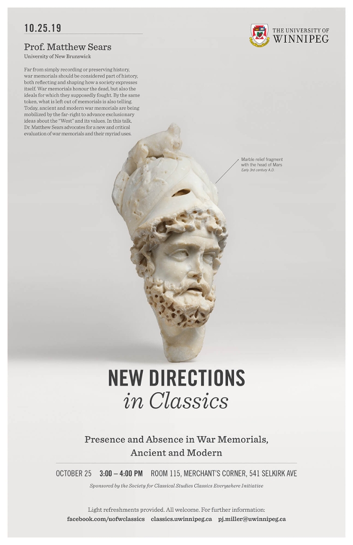 Promo poster for Prof. Matthew Sears' New Directions in Classics lecture, text on web page